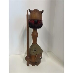 Vintage Danish 12" wooden teak Viking figurine red beard shield spear Denmark
